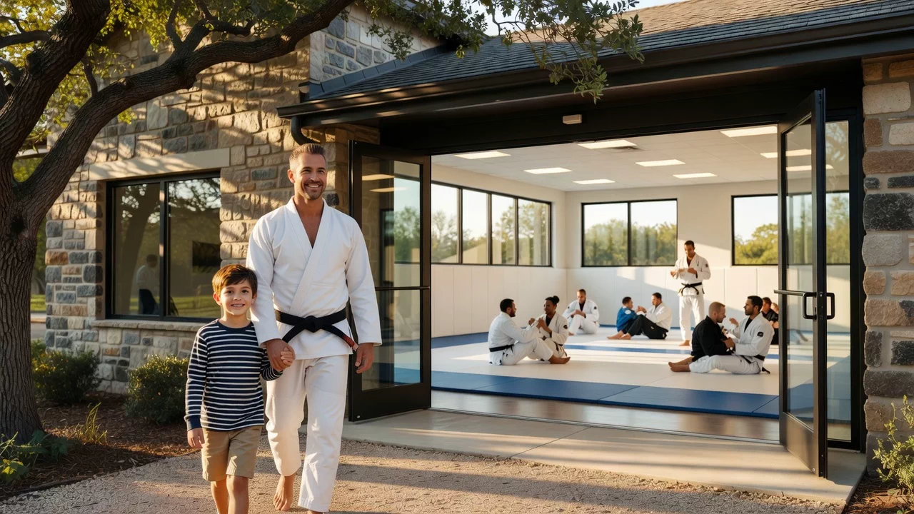 Campaign concept showing a coach and child arriving at a welcoming Central Texas Brazilian Jiu-Jitsu academy
