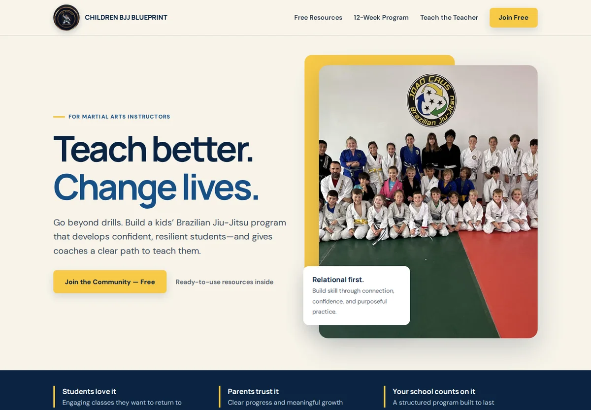 Children BJJ Blueprint website with Teach better. Change lives. and a children's class group