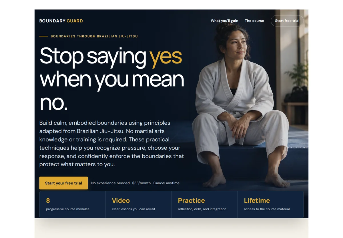 Boundary Guard website introducing calm boundaries through BJJ principles
