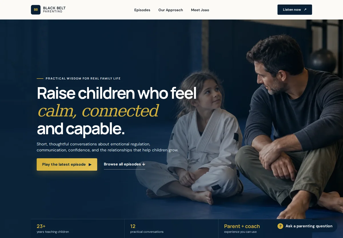 Black Belt Parenting website introducing calm, connected and capable children