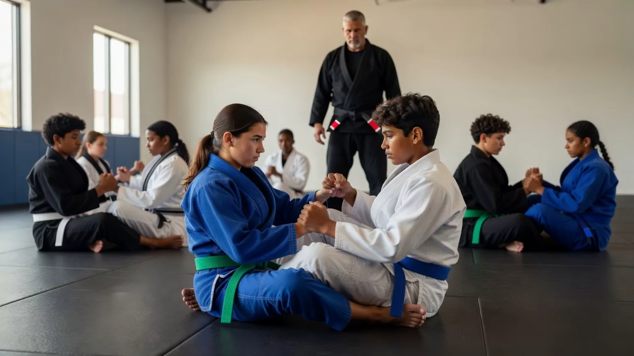Teen Brazilian Jiu-Jitsu students practicing a controlled partner drill while their coach supervises